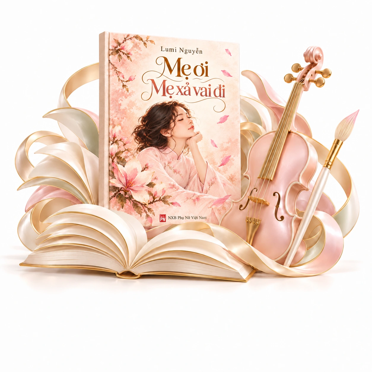 Sách Mẹ ơi, Mẹ xả vai đi của Lumi Nguyễn cùng đàn violin và cọ vẽ