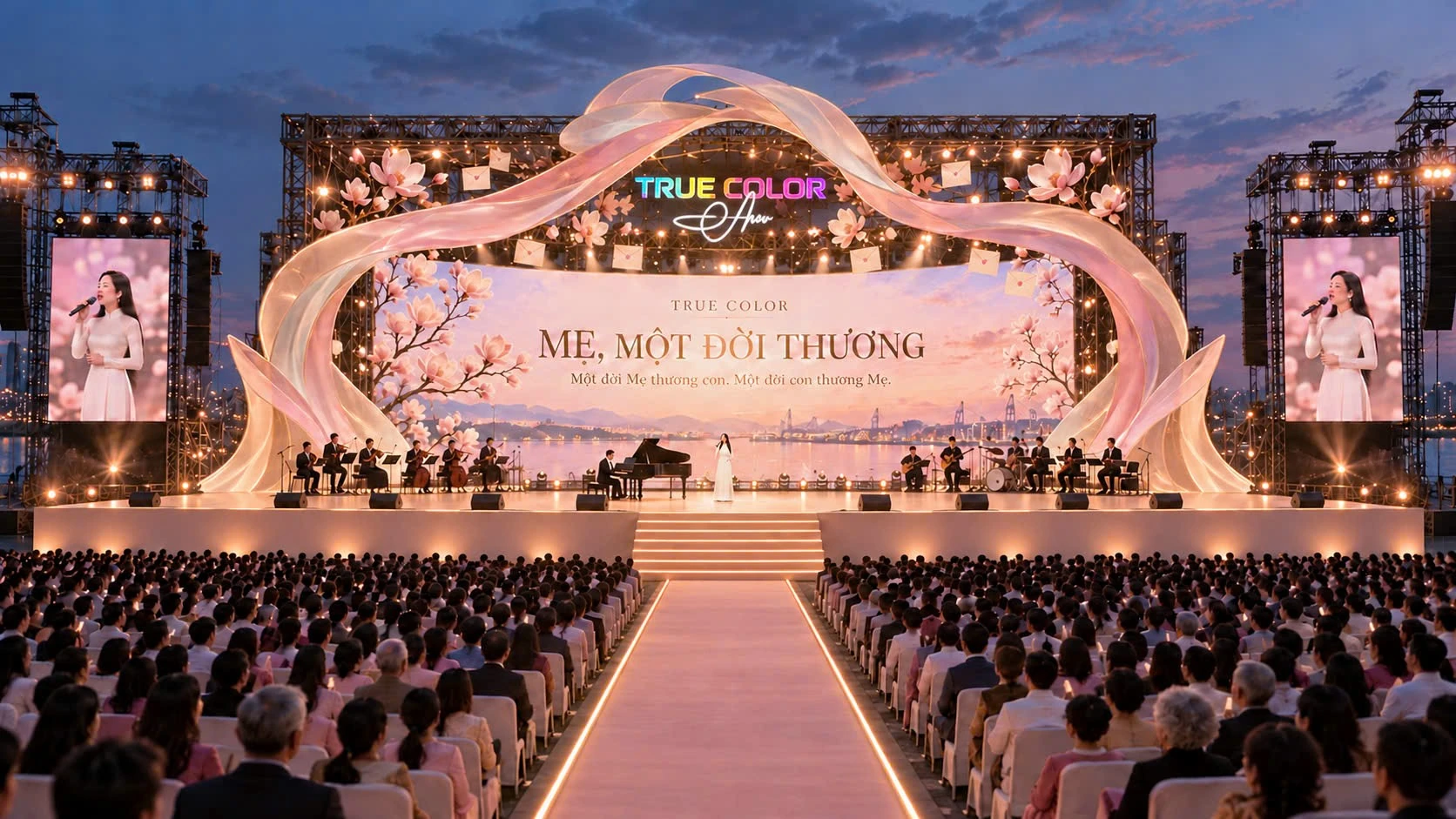 Minh họa sân khấu Đại nhạc hội Mẹ, một đời thương với biểu tượng vòng ôm và khán giả