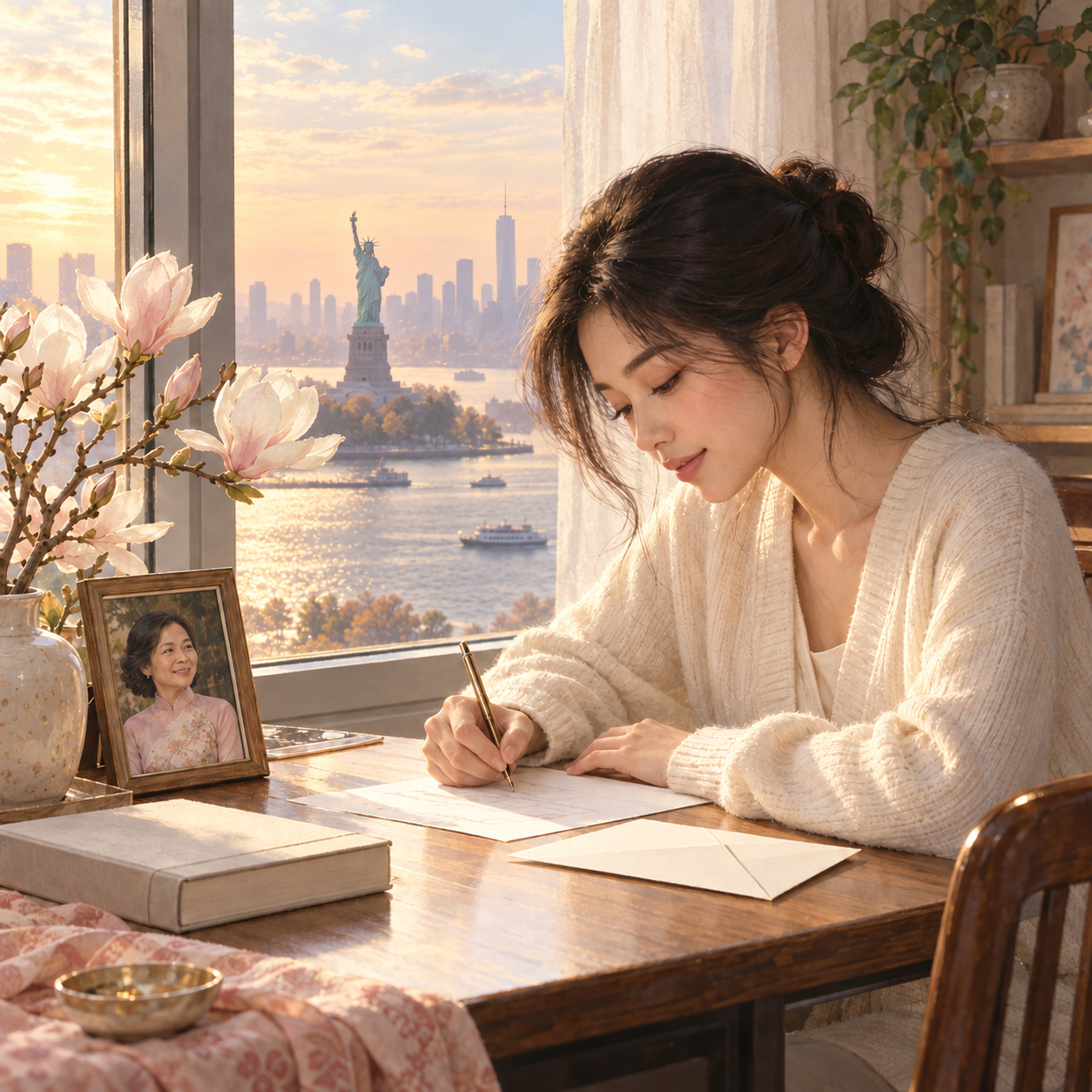 Người con xa xứ viết thư gửi Mẹ bên cửa sổ nhìn ra Tượng Nữ thần Tự do