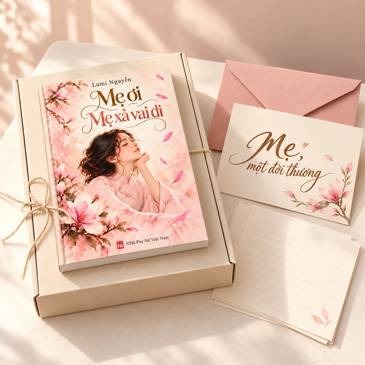 Minh họa sách Mẹ ơi, Mẹ xả vai đi cùng thư thiệp, phong bì trong hộp giấy giản dị