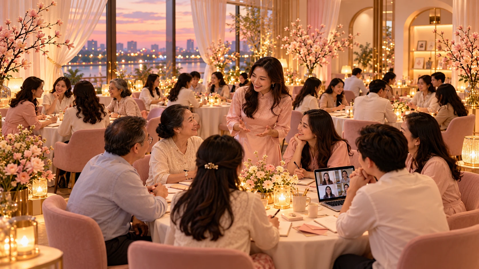 Minh họa workshop Momverse: các thế hệ cùng trò chuyện, viết và thực hành trong không gian kem hồng ấm áp